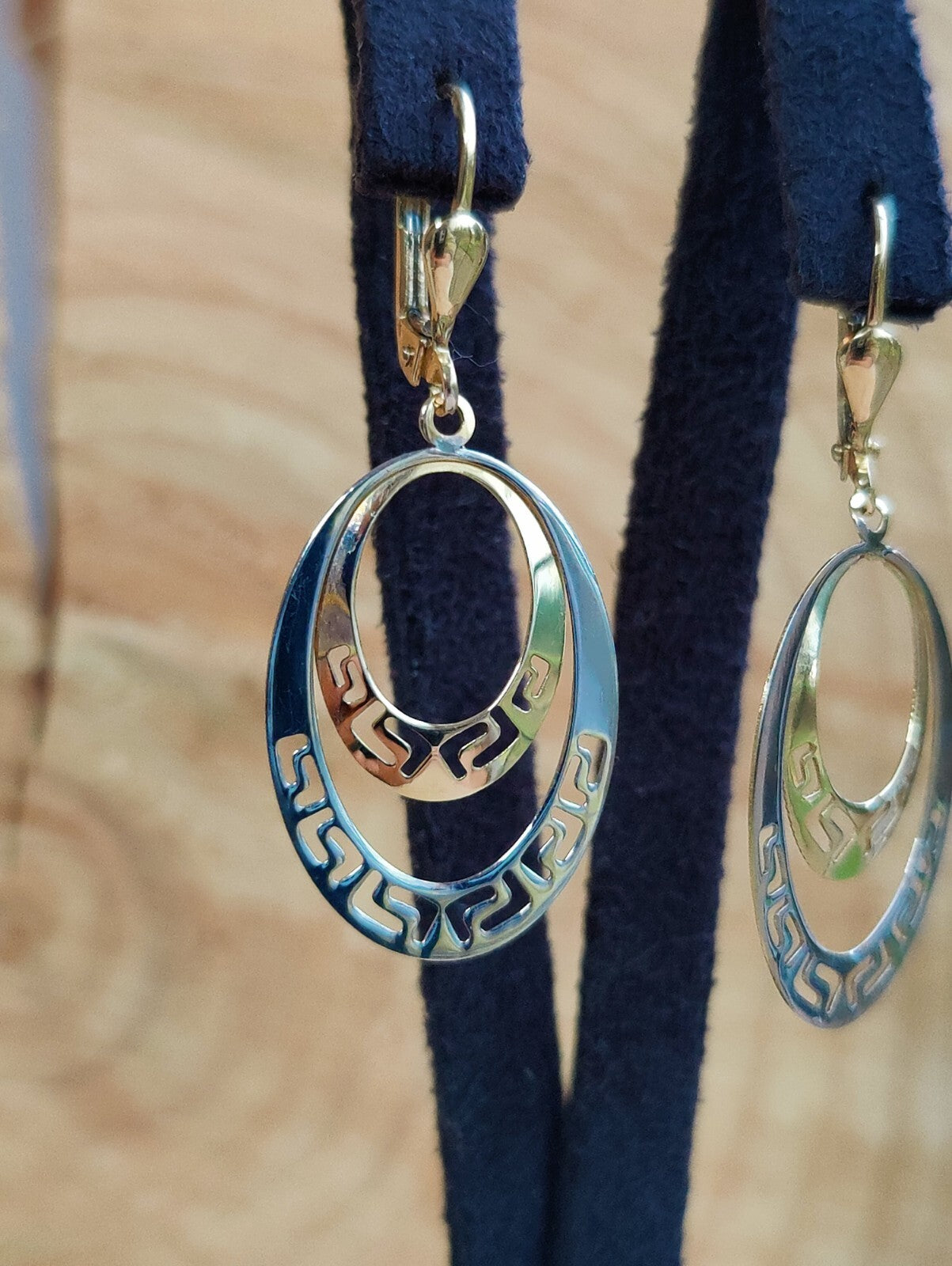 NEW OVAL Earrings 9ct Yellow/White Gold Leverback Hallmarked Greek Key Pattern 
