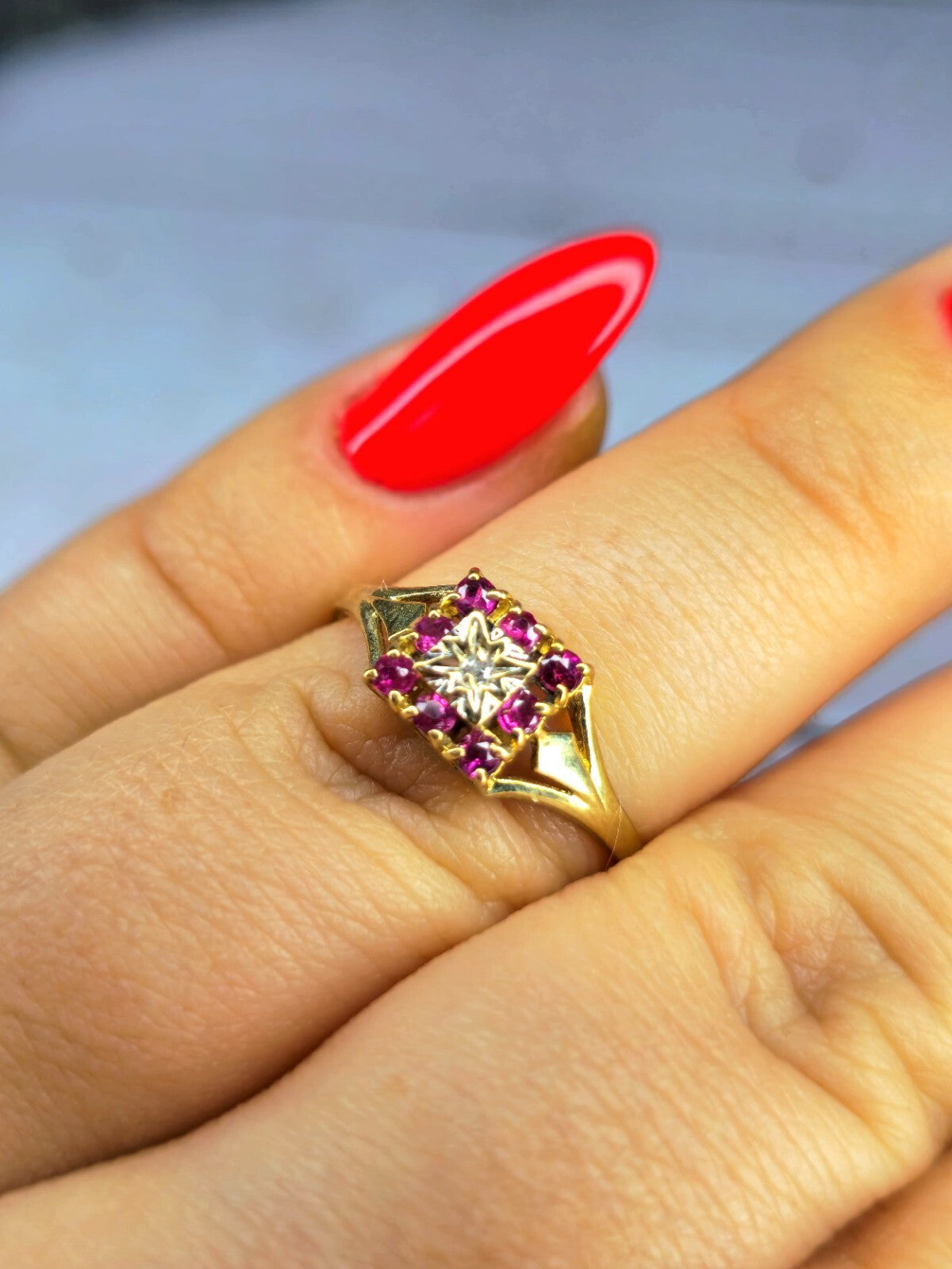 Vintage 9ct Yellow Gold Diamond Ruby Ring Square Cluster Ring size M+