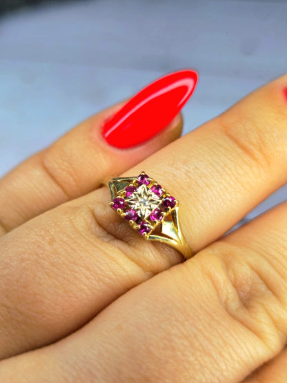 Vintage 9ct Yellow Gold Diamond Ruby Ring Square Cluster Ring size M+