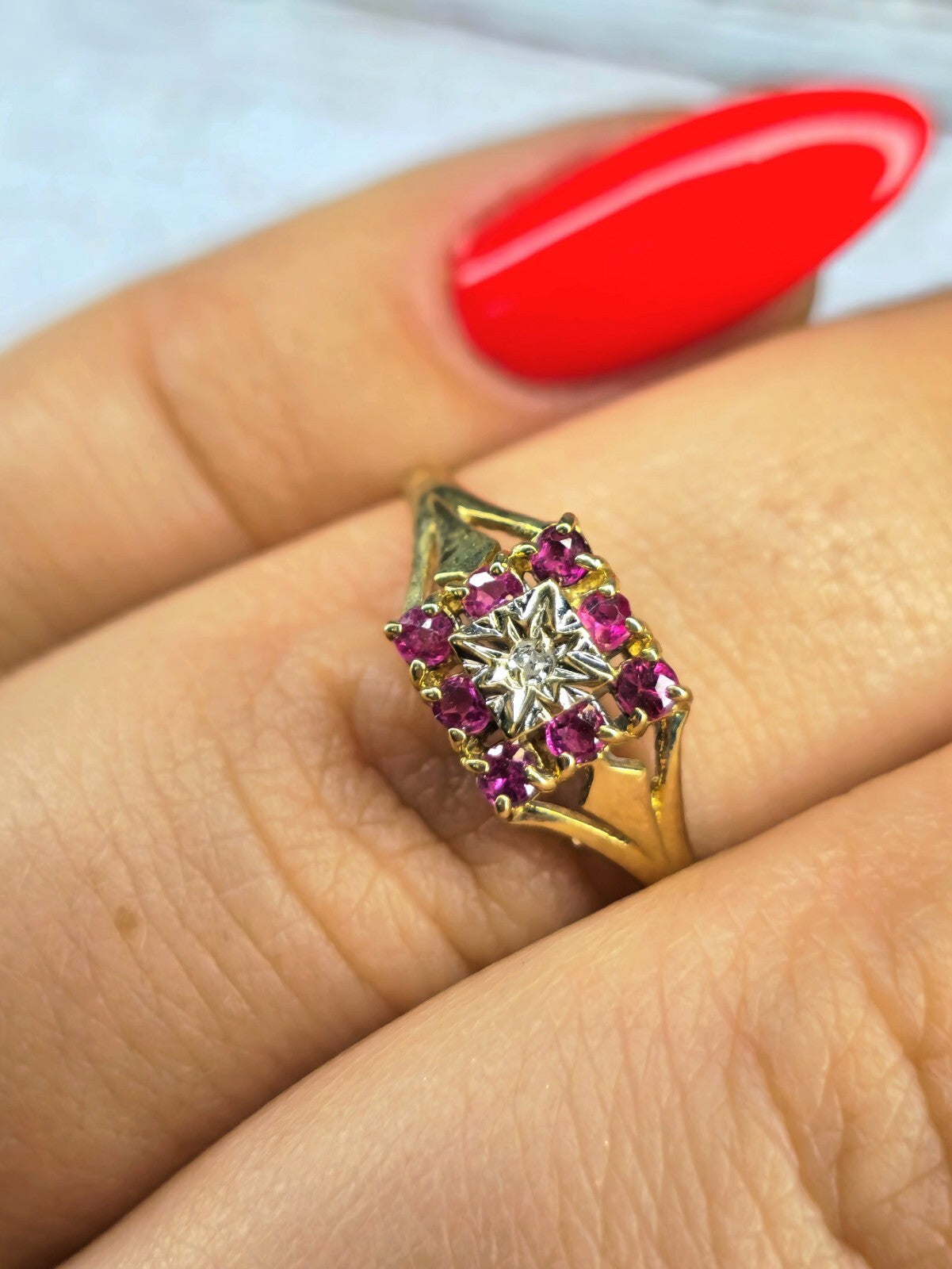Vintage 9ct Yellow Gold Diamond Ruby Ring Square Cluster Ring size M+