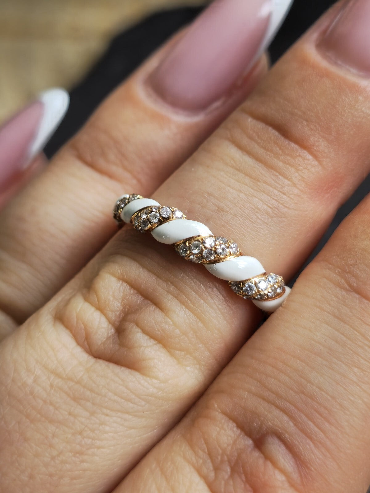 Solid 18ct Rose Gold Diamond and White Ceramic Eternity Ring Wedding Band size N