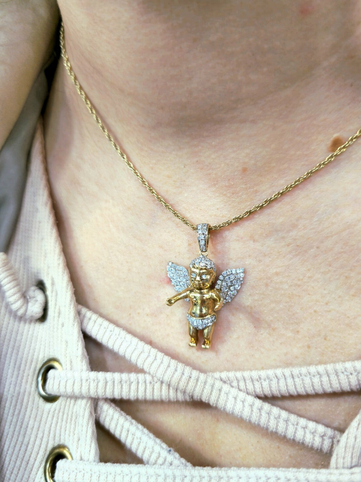 10K YELLOW GOLD PENDANT BABY ANGEL NATURAL DIAMONDS WINGS CROSS WITH CHAIN 25"
