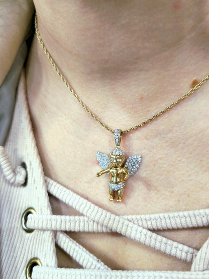 10K YELLOW GOLD PENDANT BABY ANGEL NATURAL DIAMONDS WINGS CROSS WITH CHAIN 25"
