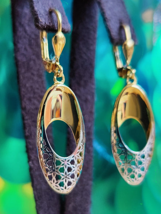 New 9ct Yellow/White Gold Drop Dangly Earrings Hallmarked Decorative Pattern 