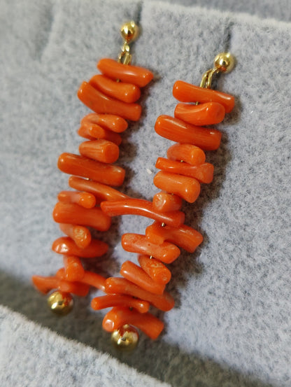 9ct Real Yellow GOLD and Natural Red CORAL Long Drop Earrings 4.5cm Vintage