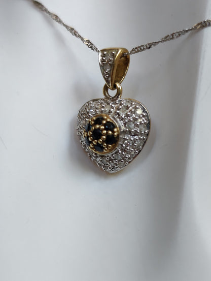 Solid 9CT YELLOW WHITE GOLD DIAMOND SAPPHIRE heartshape PENDANT Hallmarked 