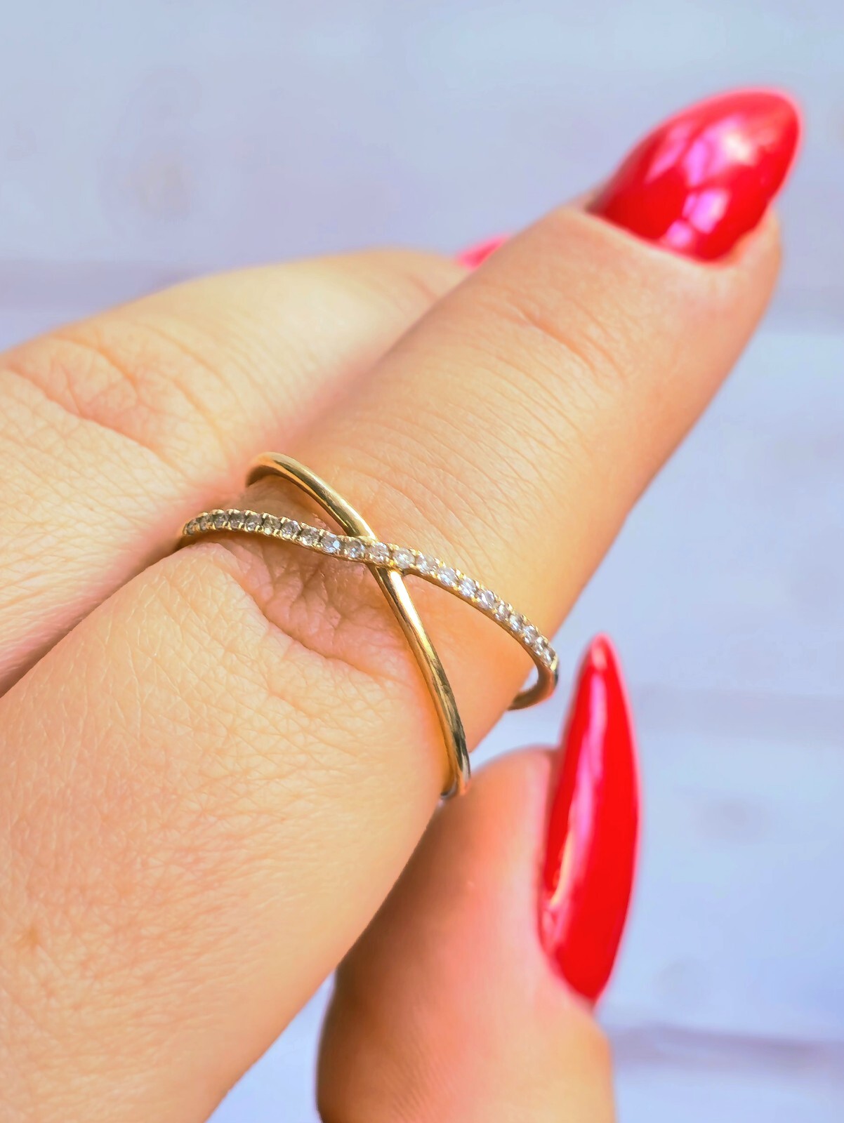 9ct Yellow Gold X Shape Ring Cross With Diamonds Size P Half Eternity Fashion