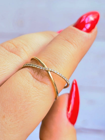 9ct Yellow Gold X Shape Ring Cross With Diamonds Size P Half Eternity Fashion