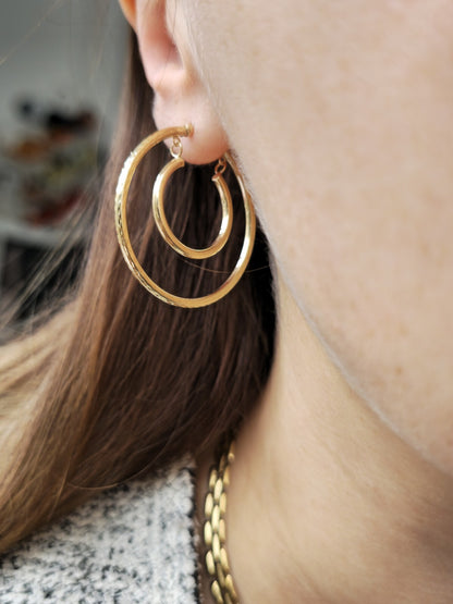 9ct Solid Yellow Gold Double Hoop Earrings Two Circles Hoops 34mm Hallmarked 