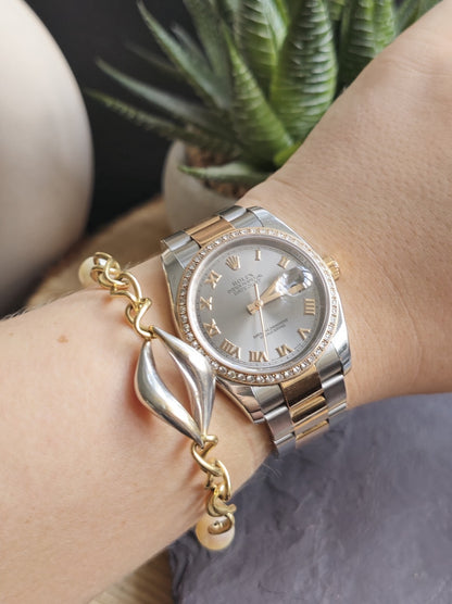Solid 18k Yellow/White Gold Pearl Bracelet Hollow