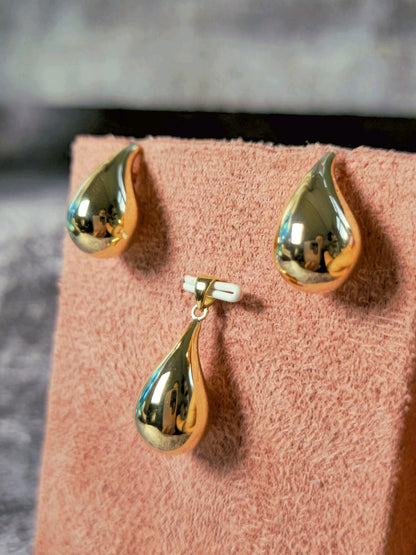 Solid 9k Yellow Gold Set of Pendant and Earrings Bottega Fashion Popped Drop