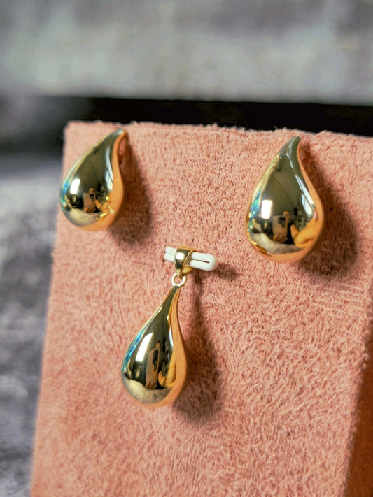 Solid 9k Yellow Gold Set of Pendant and Earrings Bottega Fashion Popped Drop