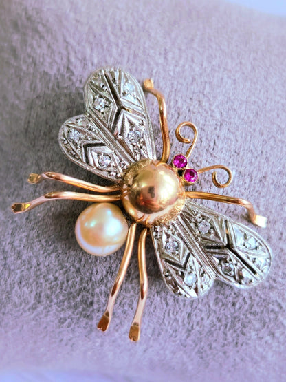18K Rose Gold & Platinum Antique Victorian Diamonds Ruby & Pearl Bee Brooch Bug
