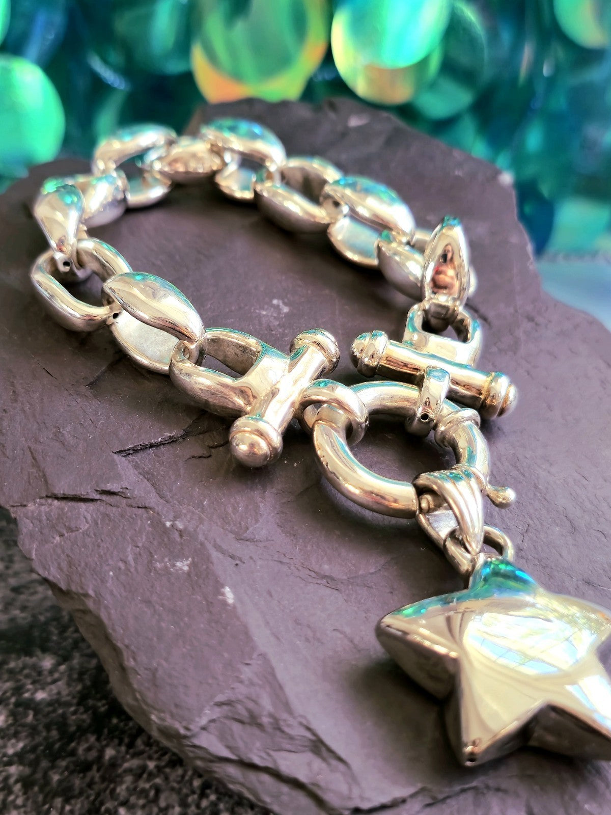 925 Sterling Silver Chunky Chain Bracelet with Charms Star 25g Hollow Hallmarked