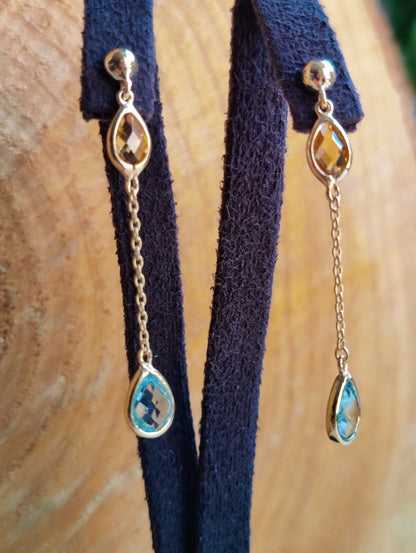 New 9ct Yellow Gold Drop Earrings Blue Topaz and Citrine Gemstones Hallmarked
