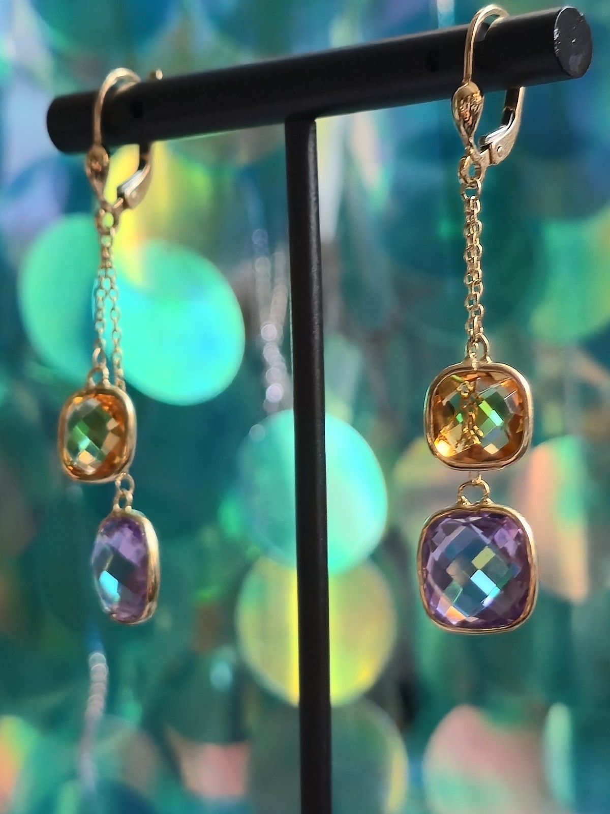 New 9ct Yellow Gold Drop Earrings 5grams Amethyst and Citrine Big Stones
