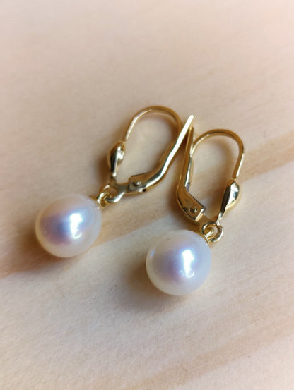 Solid 9ct Yellow Gold Pearl Drop Earrings Genuine Real Pearl Hallmarked