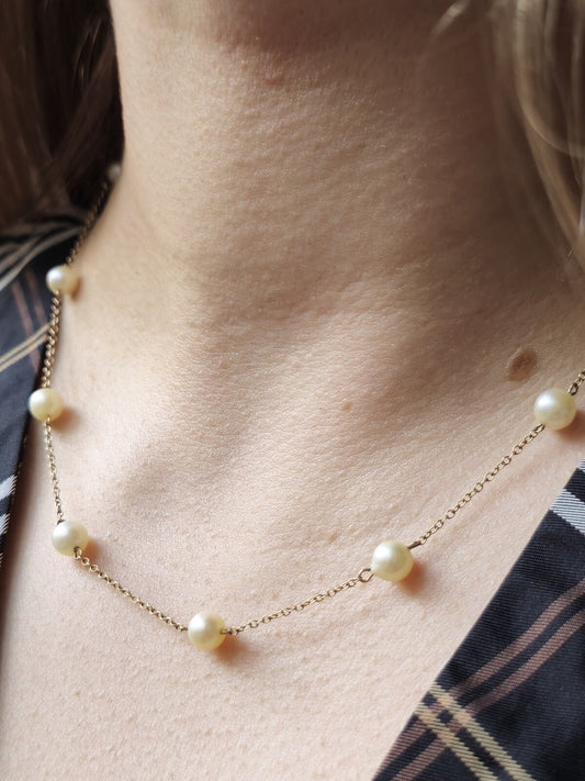 9K Yellow Gold Bars And Natural Cultured Pearls 17inch Fashion Necklace