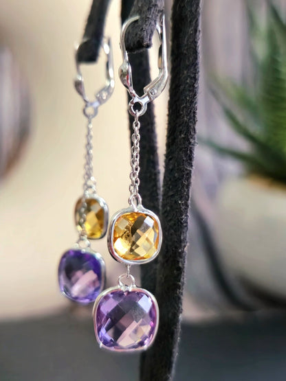 New 9ct White Gold Drop Earrings Amethyst and Citrine Big Stones Dangling Dress