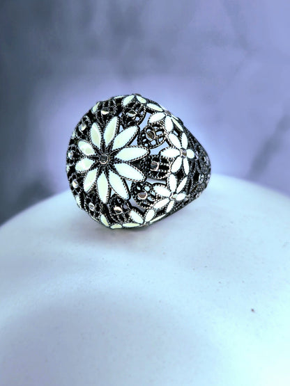 Sterling Silver 925 Ring Art Decor Oxidised Enamel Dress Cocktail, size O+ Black