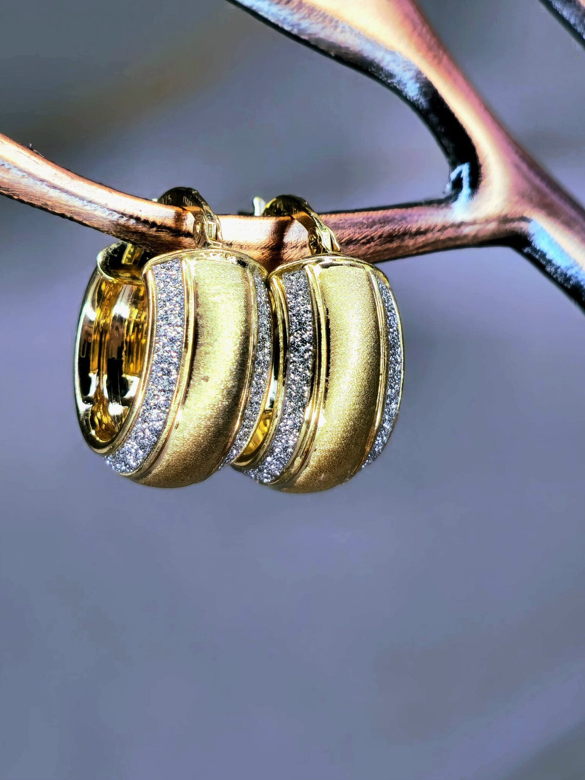 9ct Solid Yellow Gold Wide Hoop Earrings Damond Dust Hoops Glitter Moon-dust