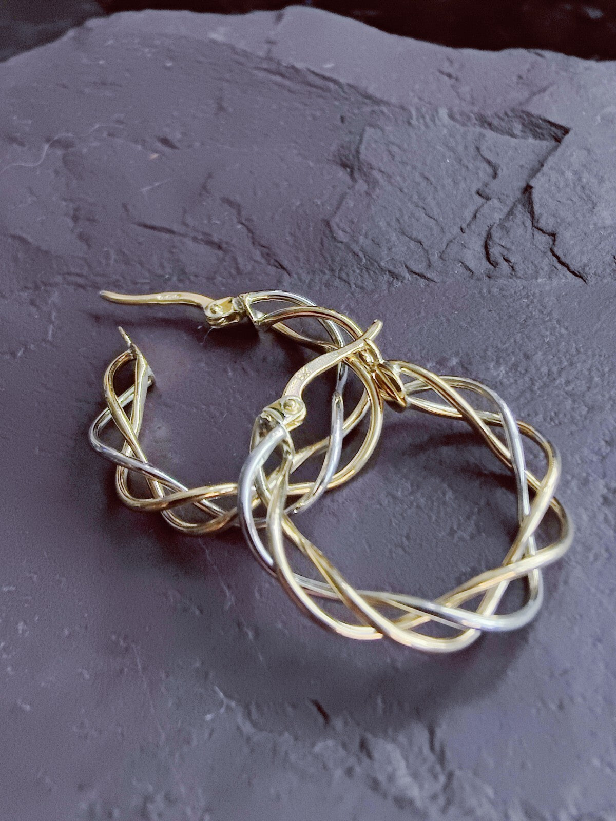 Twisted 9ct Solid Yellow/White Gold Wired Hoop Earrings Creole Wire Hoops 23mm