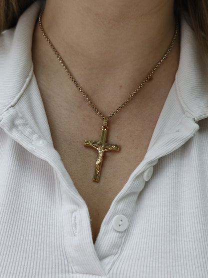 New Solid 9ct Yellow Gold Square Cross with Jesus Pendant 50mm x 30mm Hallmarked