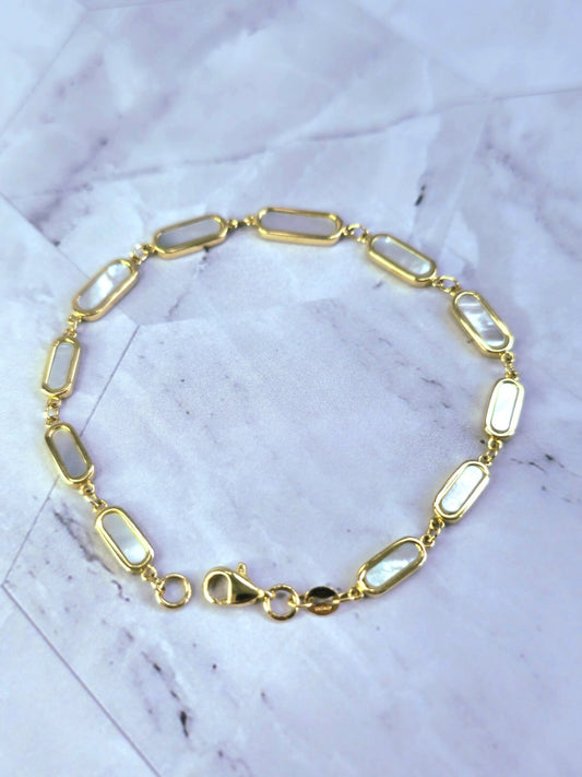 New Solid 9k Yellow Gold And Mother Of Pearl Bracelet 7.5inch Hallmarked Lovely