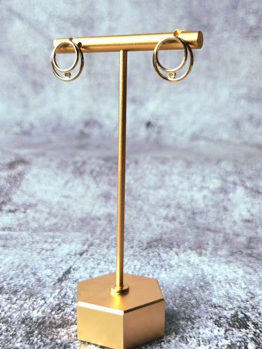 NEW 9ct Yellow Gold Solid Double Circle Earrings with Cubic Zirconia Elegant