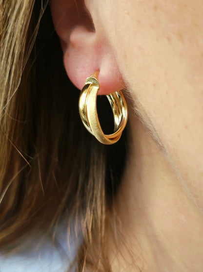 9ct Solid Yellow Gold Crossed Hoop Earrings 22mm Twist Hoops Matt/Shiny Hinge