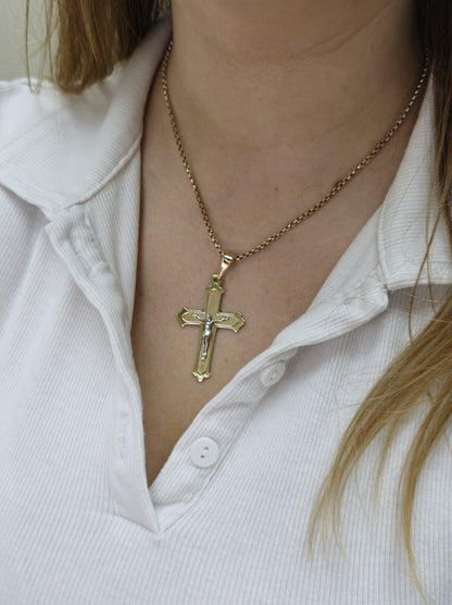 Lovely New Solid 9ct Yellow Gold Cross with Jesus Pendant 55x30mm Matt Finish