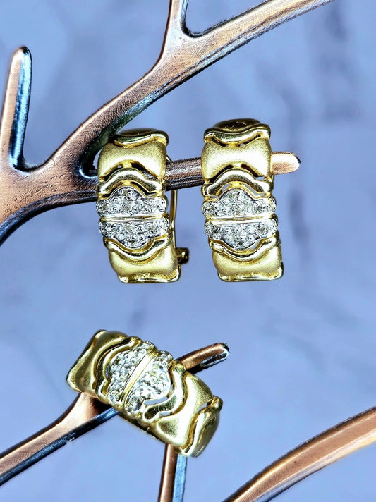 Solid 14k Yellow Gold Jewellery Set of Diamond Ring and Earrings Omega Clasp Mat