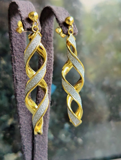 New Solid Yellow Gold 9 Carat White Glitter Moondust Twist Earrings Studs Dangly