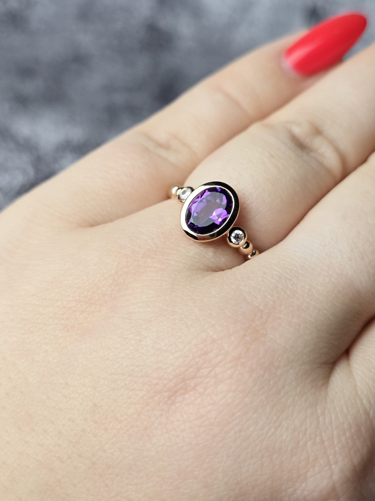 New 18ct Rose Gold Oval Amethyst and Diamonds Ring Cocktail Dress Bead Band