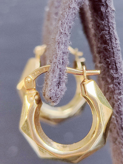 NEW Solid 9ct Yellow Gold Creole Hoop Earrings 15mm Sleepers Diamond cut