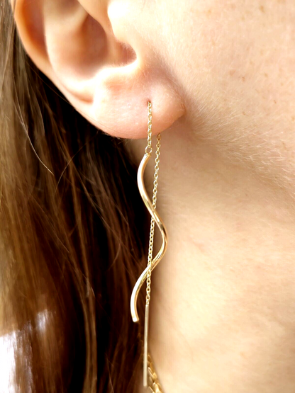 New 9ct Yellow Gold Twist Drop Earrings Squiggle Pull Through Wavy Chain 12.5cm