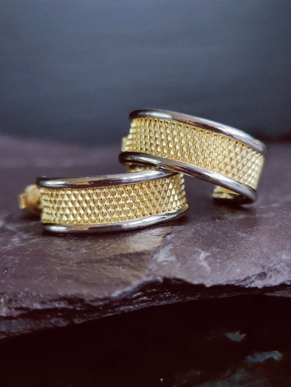 NEW 9ct Solid Yellow/White Gold Half Hoop Earrings Studs Diamond Cut Pattern