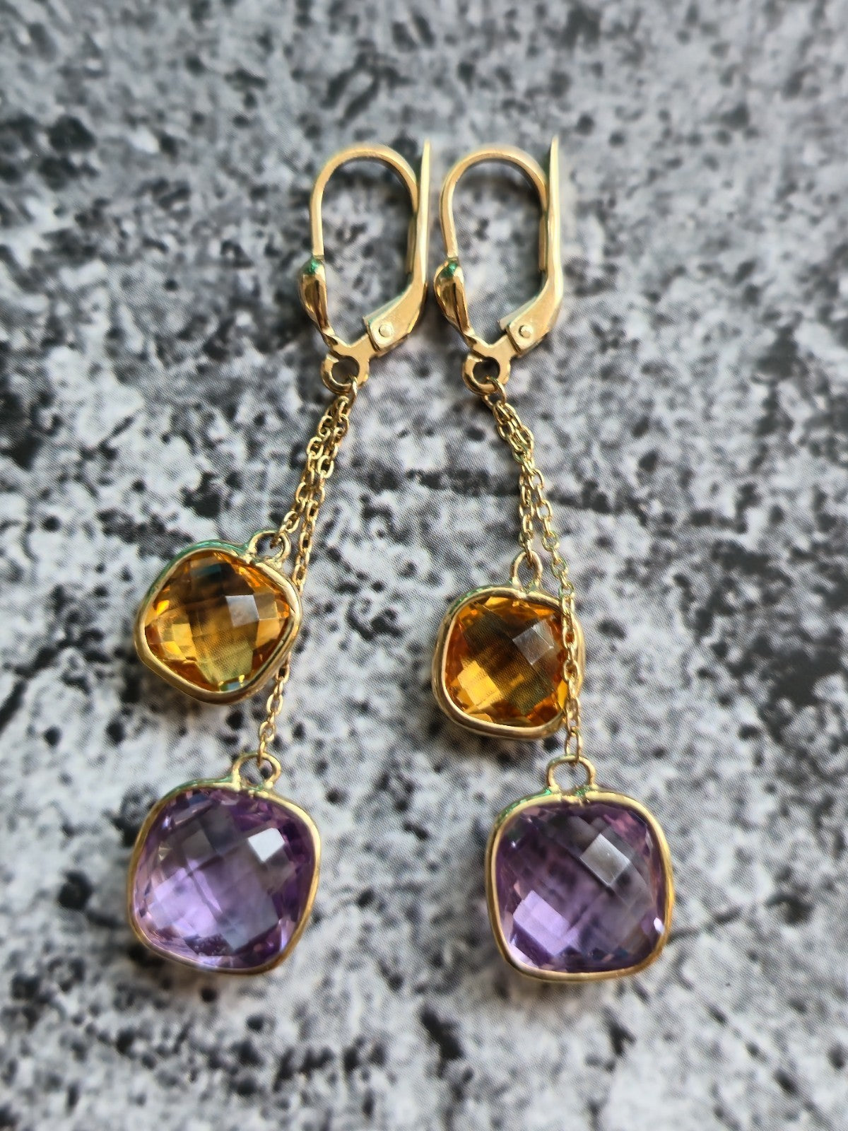 New 9ct Yellow Gold Drop Earrings 5grams Amethyst and Citrine Big Stones