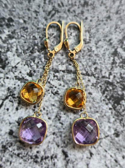New 9ct Yellow Gold Drop Earrings 5grams Amethyst and Citrine Big Stones