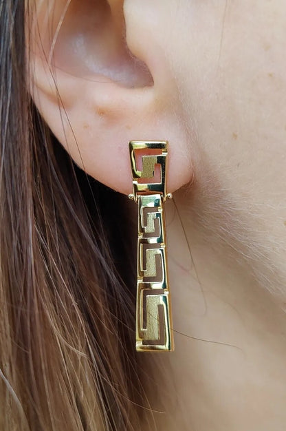 Solid 3.4grams Greek Key Earrings 9ct Yellow Gold Leverback Hallmarked