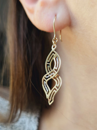 9ct Solid Yellow/White Long Drop Earrings Diamond Cut Eternity Motif Hook