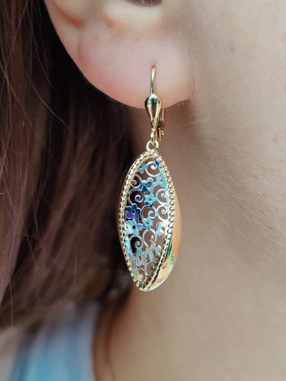 New  Drop Earrings 9ct Yellow/White Gold Leverback Hallmarked Floral Pattern