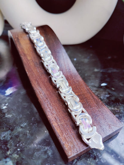 925 Sterling Silver Chunky Heavy Mens Chain Bracelet 52grams Flat Byzantine 10mm