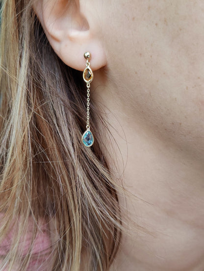 New 9ct Yellow Gold Drop Earrings Blue Topaz and Citrine Gemstones Hallmarked