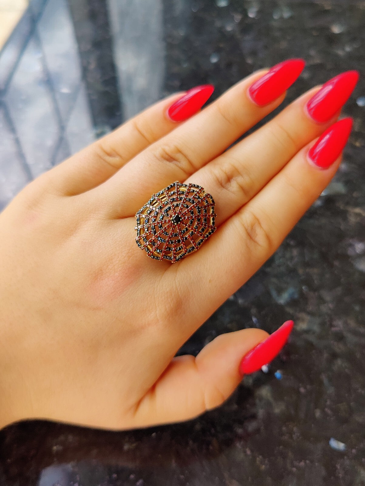 Sapphire and Ruby Spider Web Ring 18K Gold Solid Coctail Unusual Design Q size