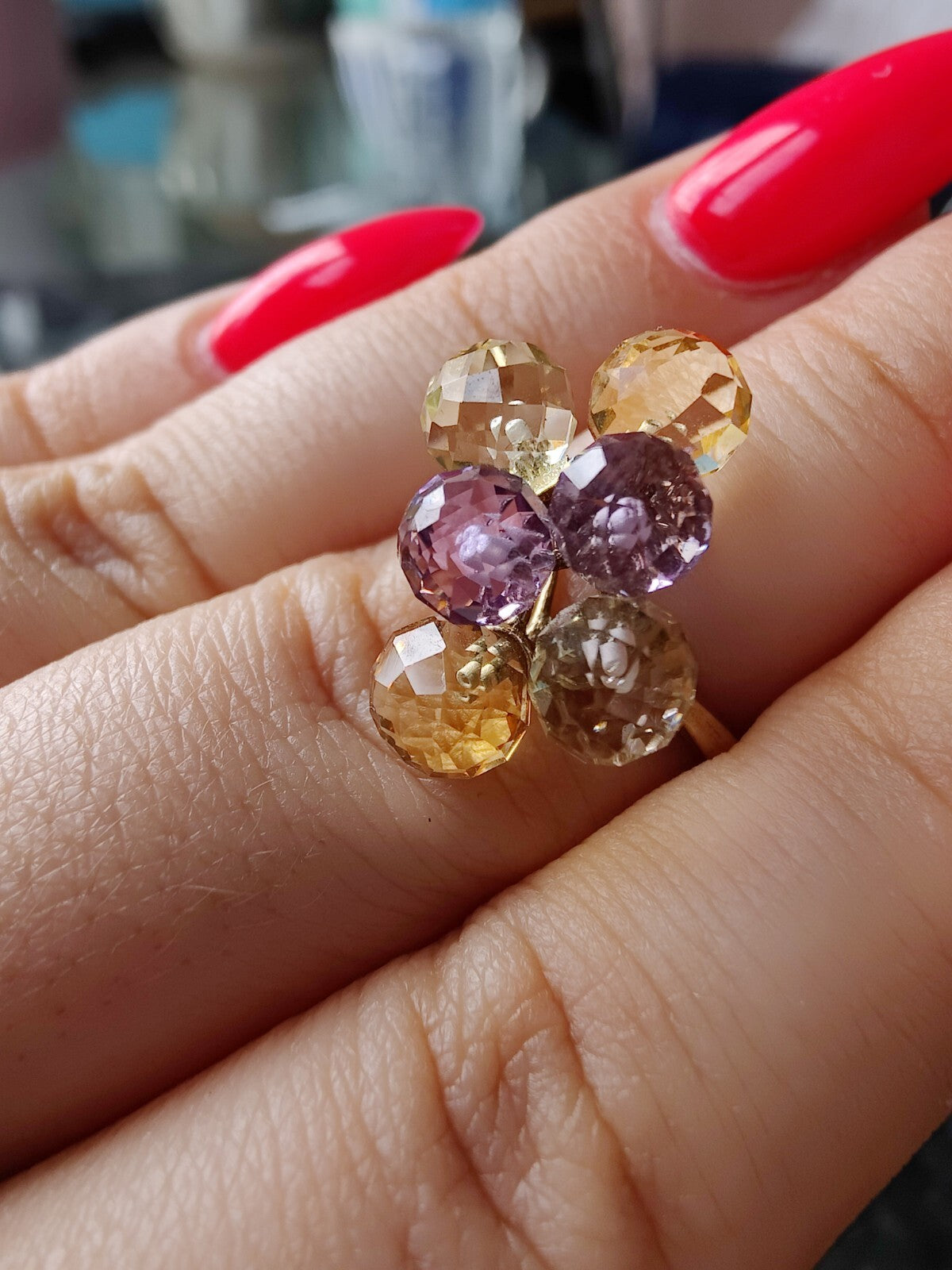 9ct Solid Yellow Gold Dress Ring size K with Citrines and Amethysts Very Unusual
