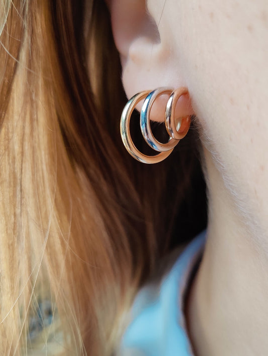 Solid 9ct Yellow/White/Rose Gold Hoop Earrings Trinity Three Colour New Circles