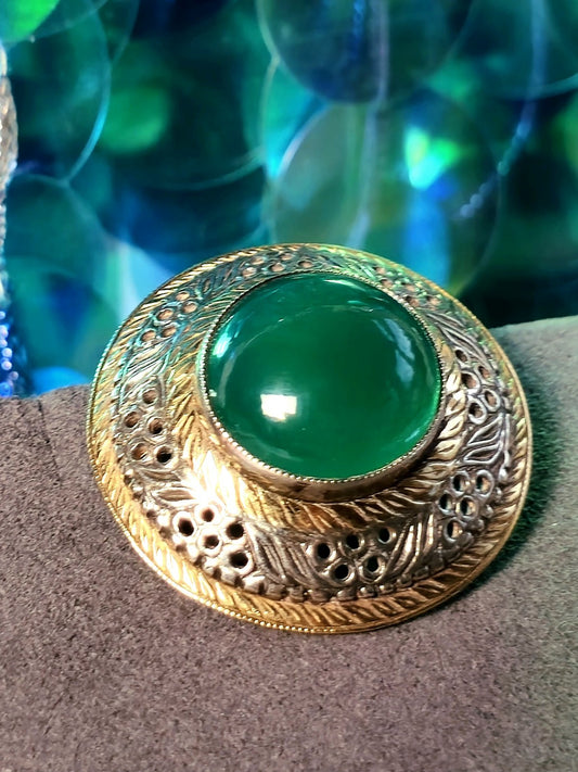 Silver & Gold Vintage Green Cabochon Decorative Brooch Art Deco Hallmarked