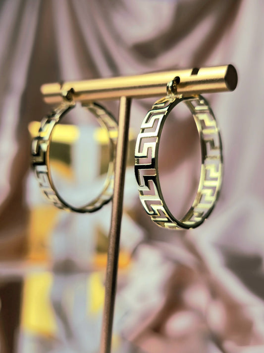 NEW 9ct Yellow Gold Solid Hoop Greek Key Earrings See Through Wide Hoops