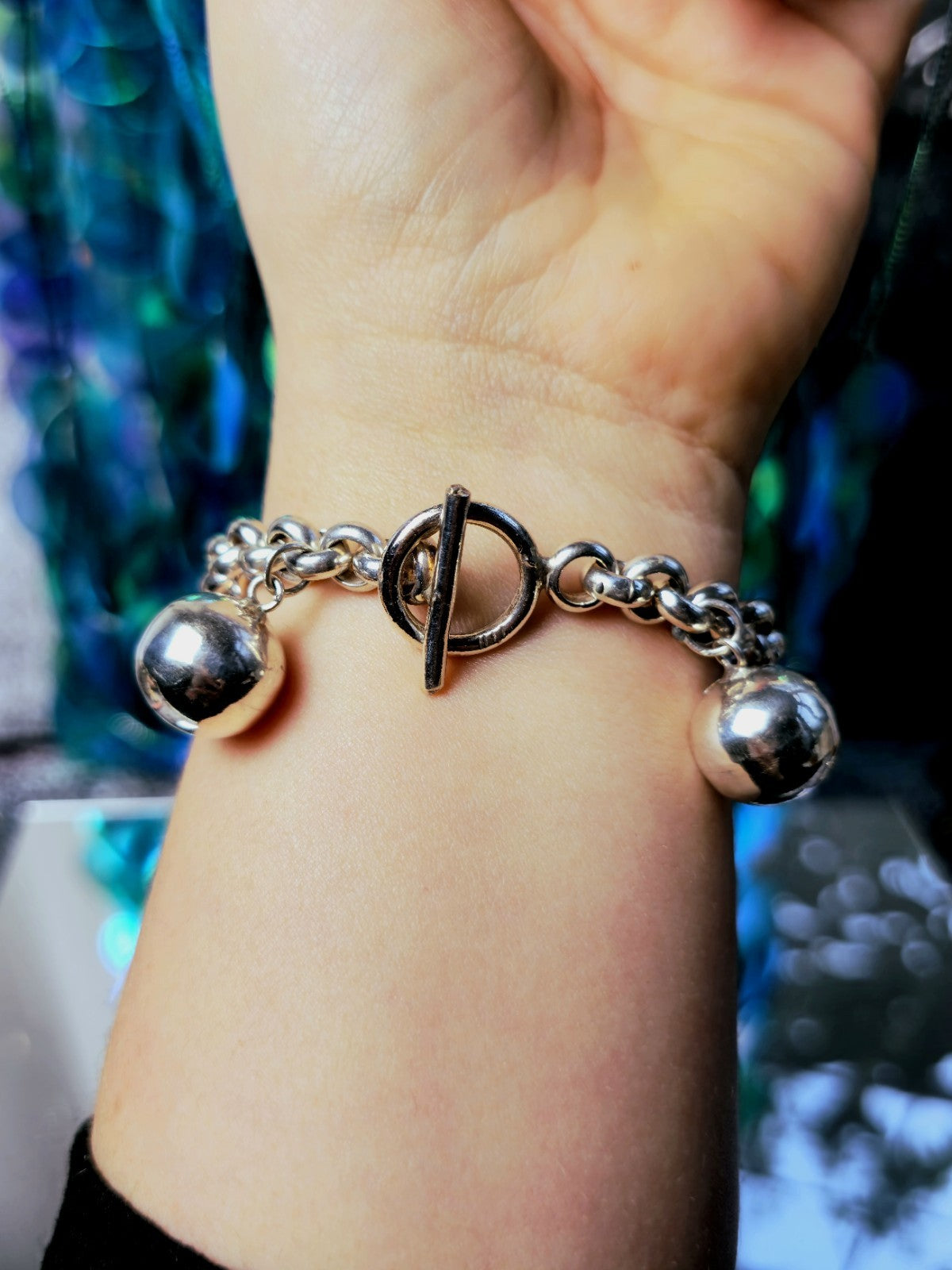 Sterling Silver Chunky Ball Charm Chain Bracelet 5 Dangling Balls Big Heavy